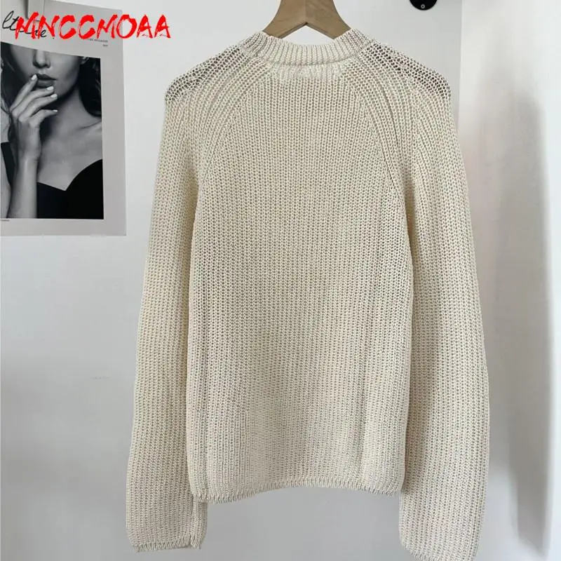 MNCCMOAA-Women's Round Neck Hollow Knitted Sweater, Female Casual Tops, Long Sleeve Pullovers, Loose Fashion, Autumn Winter 2024