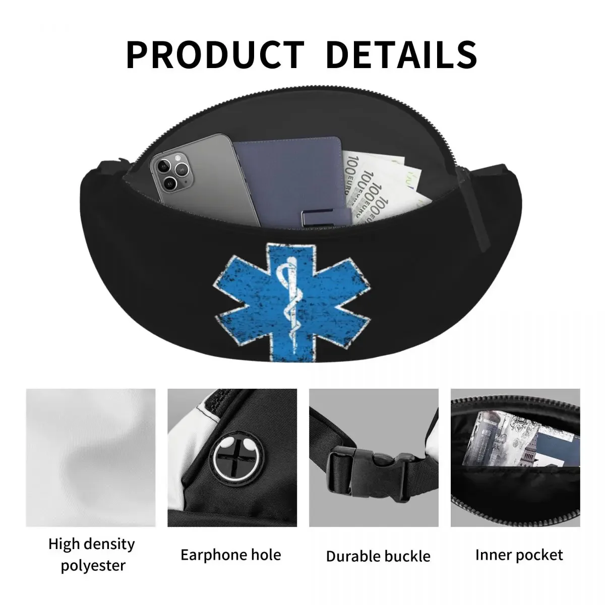 Emt-Star Of Life Fanny Pack pour hommes et femmes, sac à bandoulière personnalisé, paramédic, ambulance médicale, sac de taille pour courir, téléphone, poudres d'argent