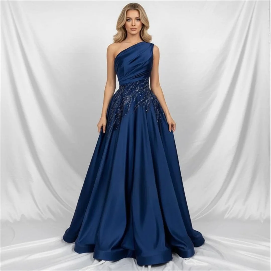 Navy Blue Vintage Satin One-Shoulder Prom Dresses With Sequins Appliques Elegant Ruchd Sleeveless Festival Formal Evening Gowns