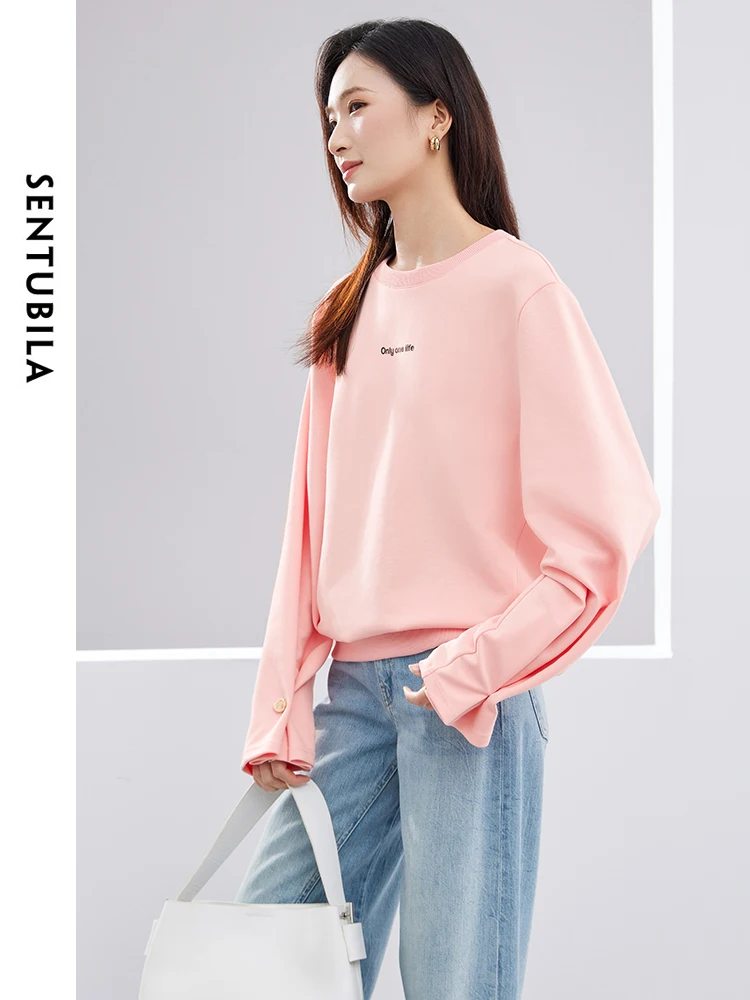 SENTUBILA Loose Letter Print Casual Sweatshirt 2024 Spring Women\'s Long Sleeve Top Round Neck Simple Female Pullovers 141A52964