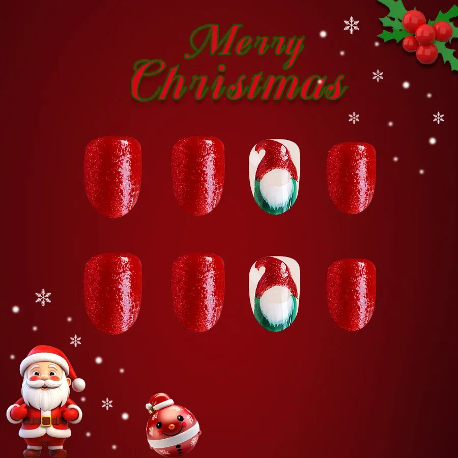 24Pcs Glossy Santa Claus Press-On Nails Set Red White Short Oval Full Cover Nail Art Tips with Christmas Hat for Festive Wear