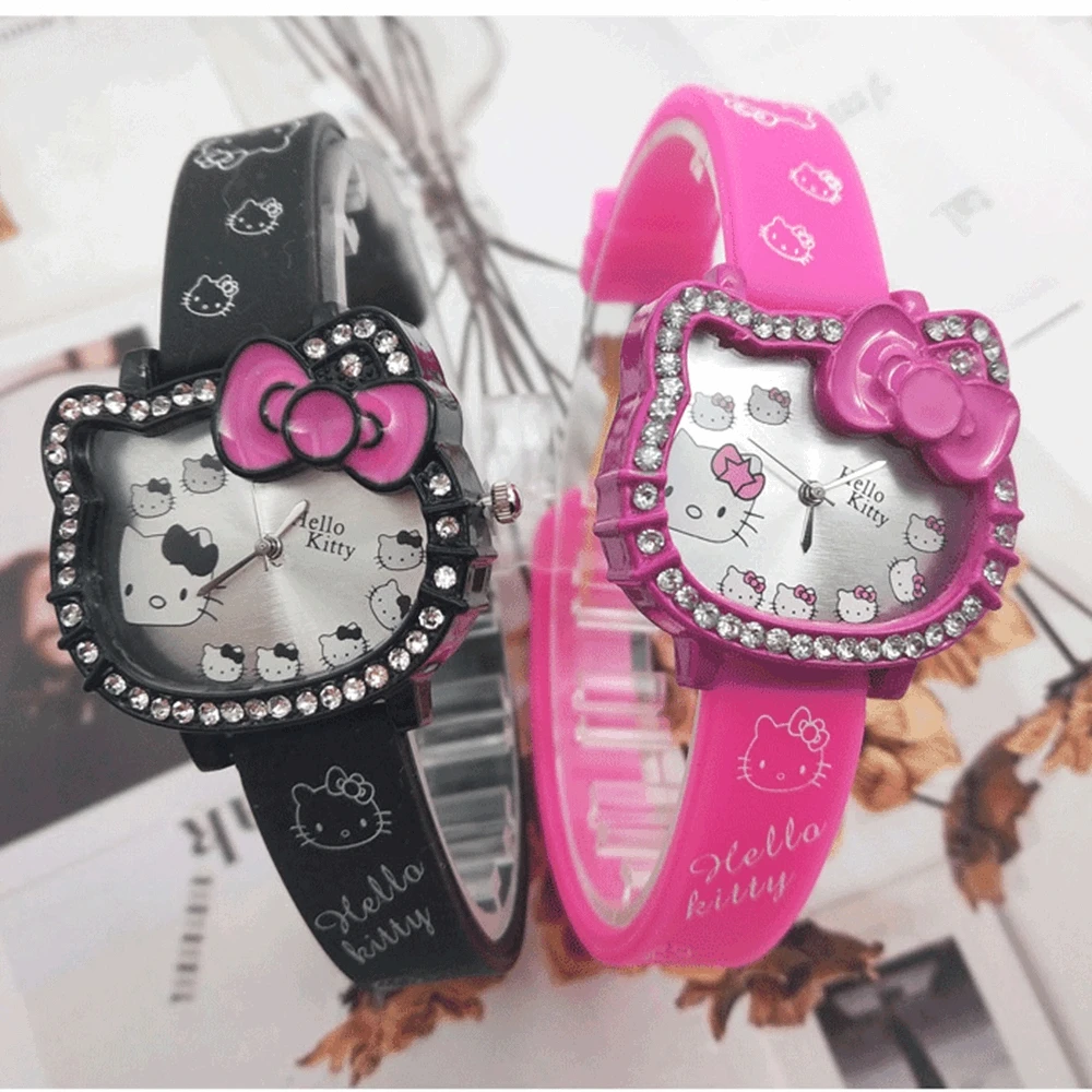 ハローキティ子供の漫画猫ヘッド学生電子シリコーンダイヤモンド弓クォーツ時計パーティーキッズガールズギフト