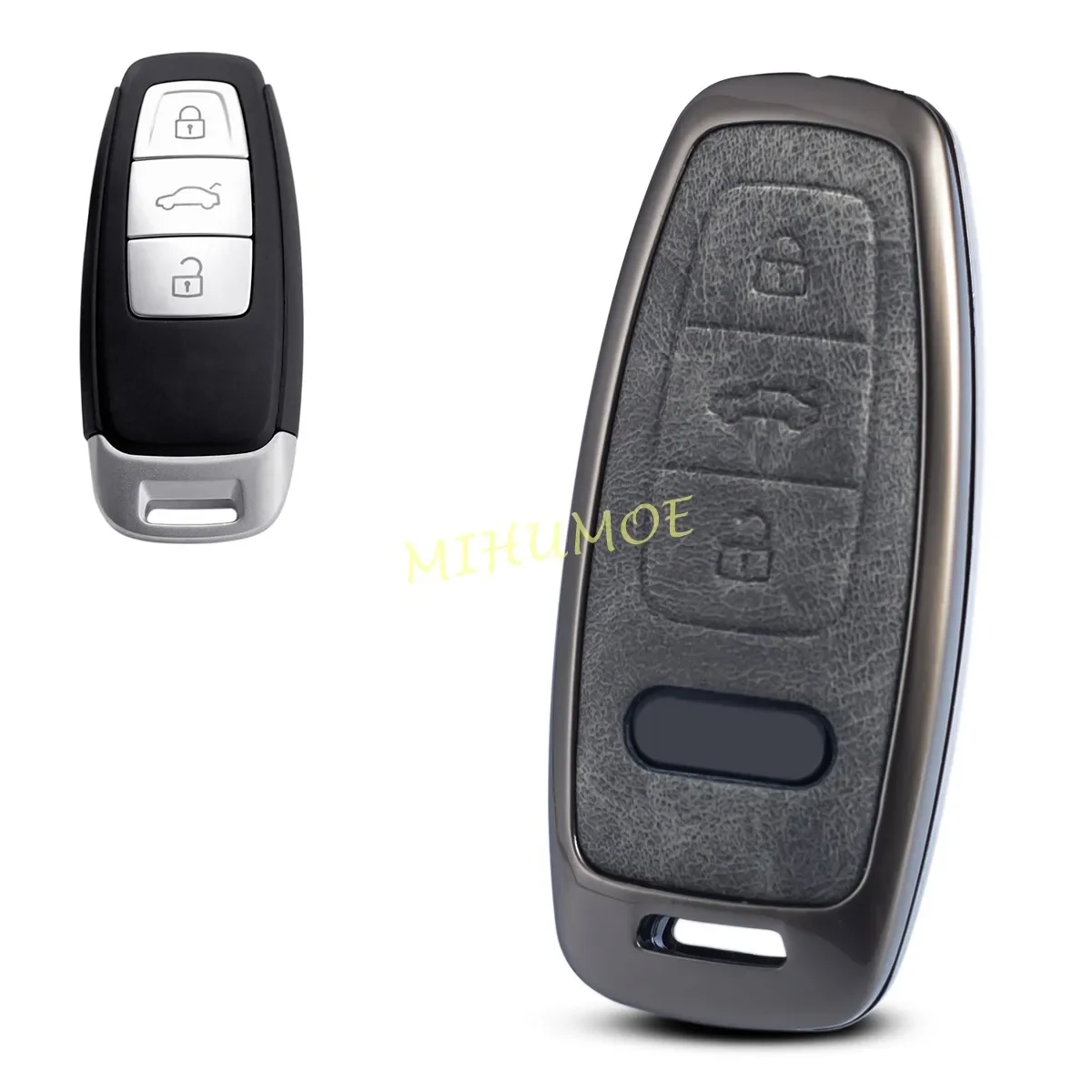 For Audi S3 S6 S7 S8 A3 A6 C8 A7 A8 Q7 Q8 e-tron Sportback GT Metal Leather Car Key Fob Case Cover Accessories 3-Button Gray