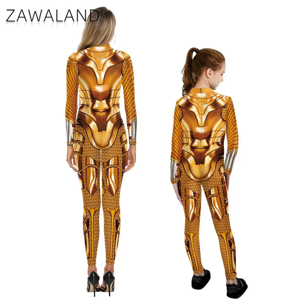 Zawaland-Hallowen Família Combinando Roupas, 3D dourado impresso Cosplay Traje, Spandex Catsuit, Bodysuit pai-filho, Zentai Suit