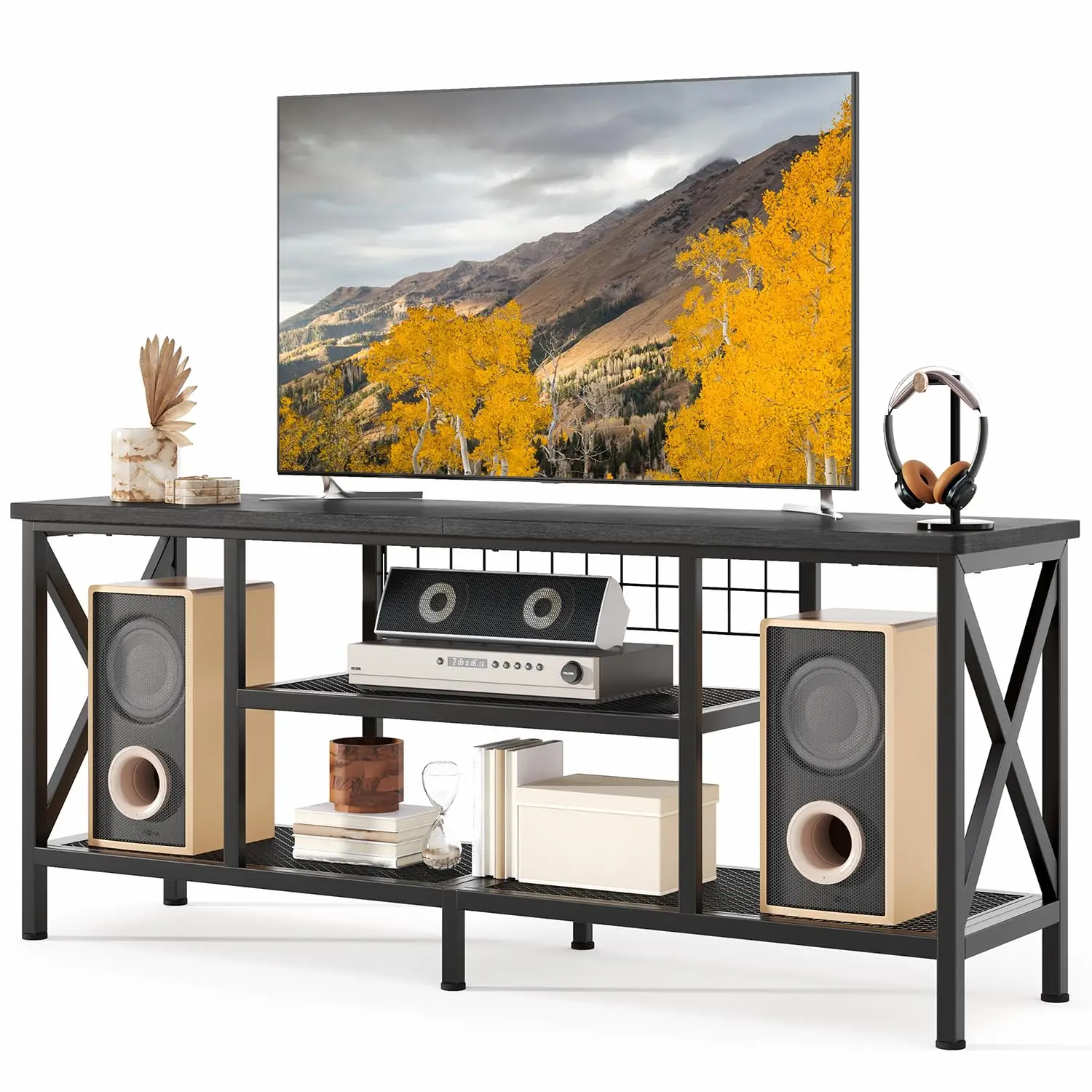 TV Stand Entertainment Center 65 Inch Open Storage Shelves Metal Frame Media Console Living Room Bedroom Black, Customized