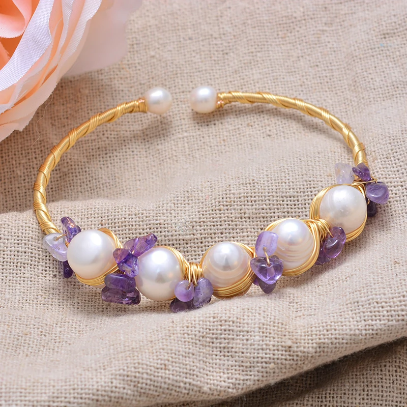 100% Natural Freshwater Pearl & Purple Crystal 14K Gold Filled Ladies Bangle Jewelry For Women Birthday Gifts New Design