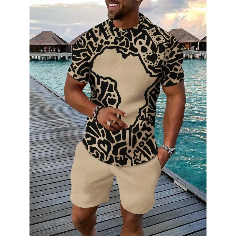 2025 Men's 3D Digital Printed Polyester Fiber 2-piece Summer Short Sleeve Round Neck T-shirt Sports Shorts Outdoor Set