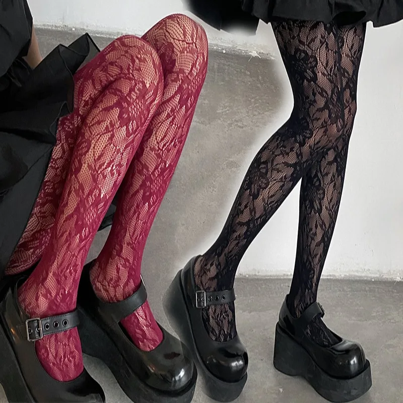 Women Lolita Lace Fishnet Stockings Sexy Red Black Nightclub Striped Pattern Stockings Pantyhose Fantasy Fancy Hollow Tights