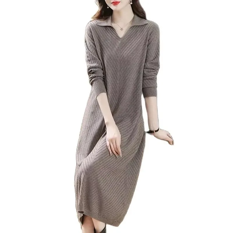 Mode revers robe en tricot femmes printemps automne coréen décontracté ample longue pull robe pull polyvalent femme chemises de fond