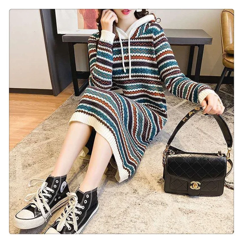 Fashion Loose Spliced Pockets Lace Up Hooded Casual Dresses Female Clothing 2023 Winter Oversized Knitted Korean Midi Dress