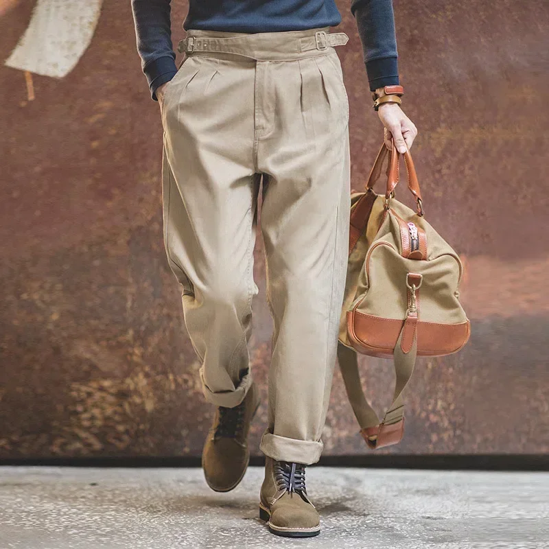 American Vintage Casual Pants for Men, Fashionable High-waisted Straight-leg Double-pleated Trousers in Autumn and Winter S-3XL