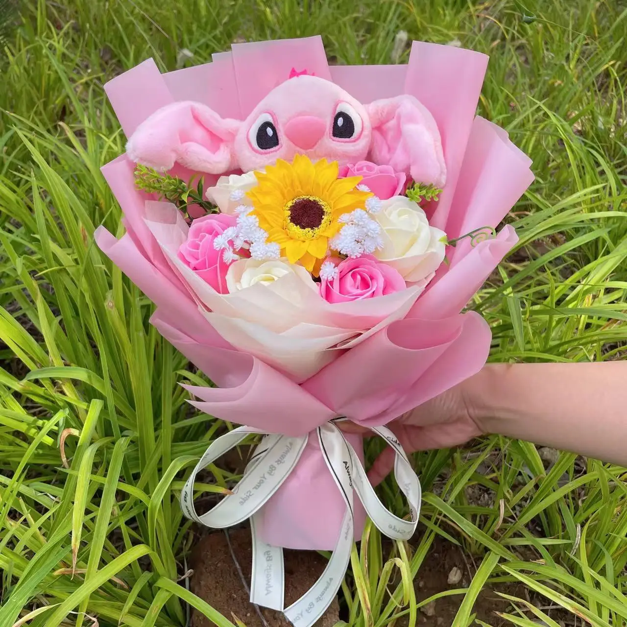 Catoon Stich Plush Doll Toy With Flowers Creative Handmade Bouquet Stuffed Animals Valentine Christmas Graduation Gift