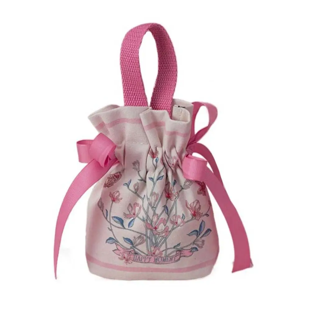 

Mesh Flower Canvas Floral Drawstring Bag Satin Bow Korean Style Festive Sugar Bag Bucket Bag Jewerly Packing Bag