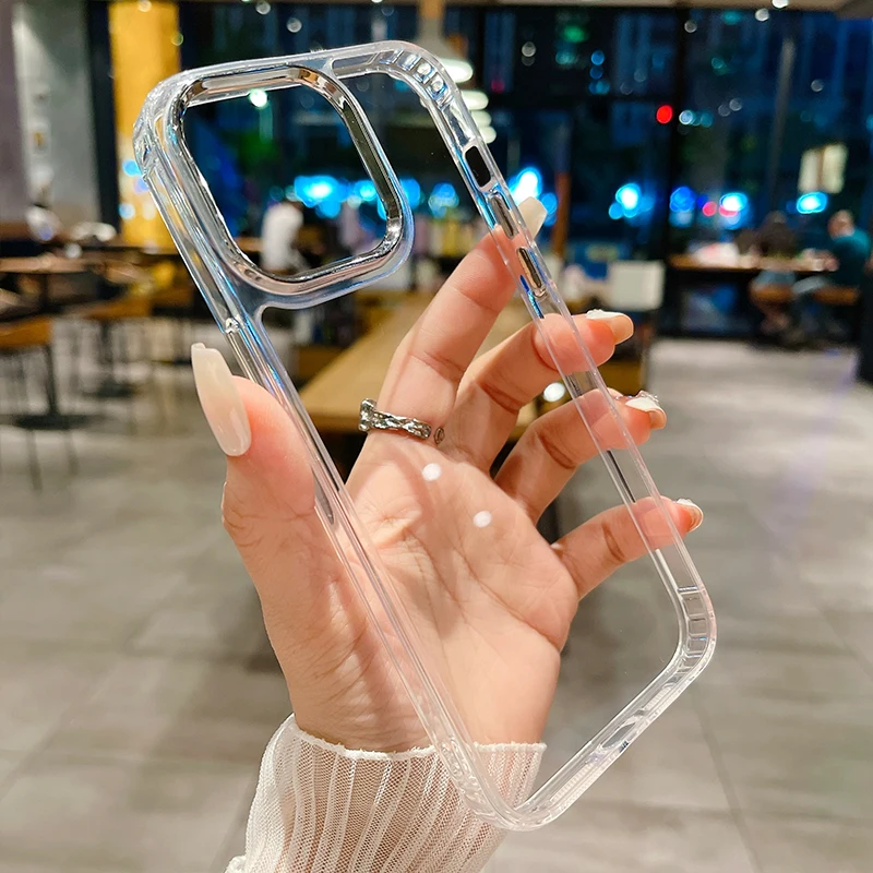 Newest Luxury Shockproof Transparent Case For IPhone 14 13 12 11 Pro Max Metal Lens Camera Protection Pink Color And Clear Cover
