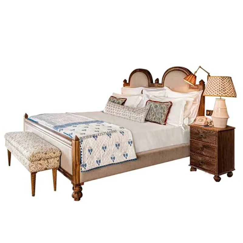 

American solid wood retro medieval bedroom hotel homestay carved arched small apartment high back soft princess double bed