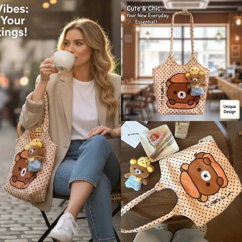 

Rilakkuma Y2K Illustration Polka Dot Tote Bag Printed Cartoon Single Shoulder Student Zipper Commute High Capacity Tote Bag New