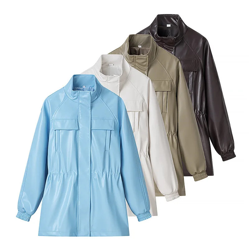 

Withered European And American Style Women's Fashion Casual Loose Stand Collar Drawstring Waist Leather Jacket Woman Clothes Top