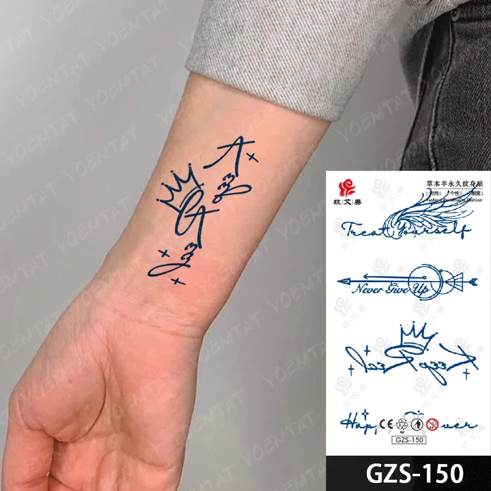 Vleugels Kroon Tekst Sap Inkt Blijvende Waterdichte Tijdelijke Tattoo Sticker Brief Totem Hand Nep Tatto Body Art Vrouwen Mannen Arm Nek