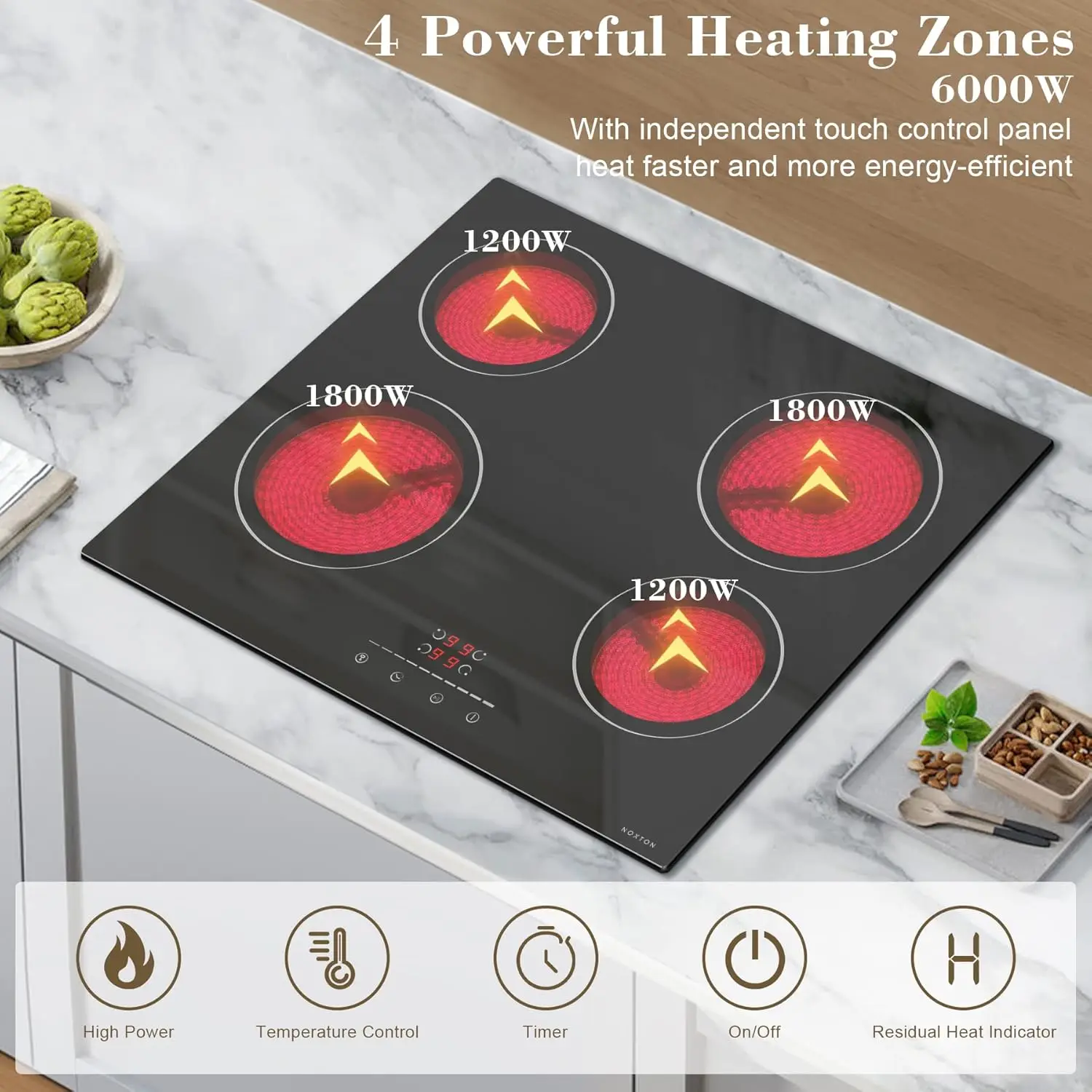 NOXTON Ceramic Hob 60CM Built-in, Black, Slider Touch, Electric 6000W, Safety Lock, Pause, Timer, No Plug, Hard Wired, 220-240V