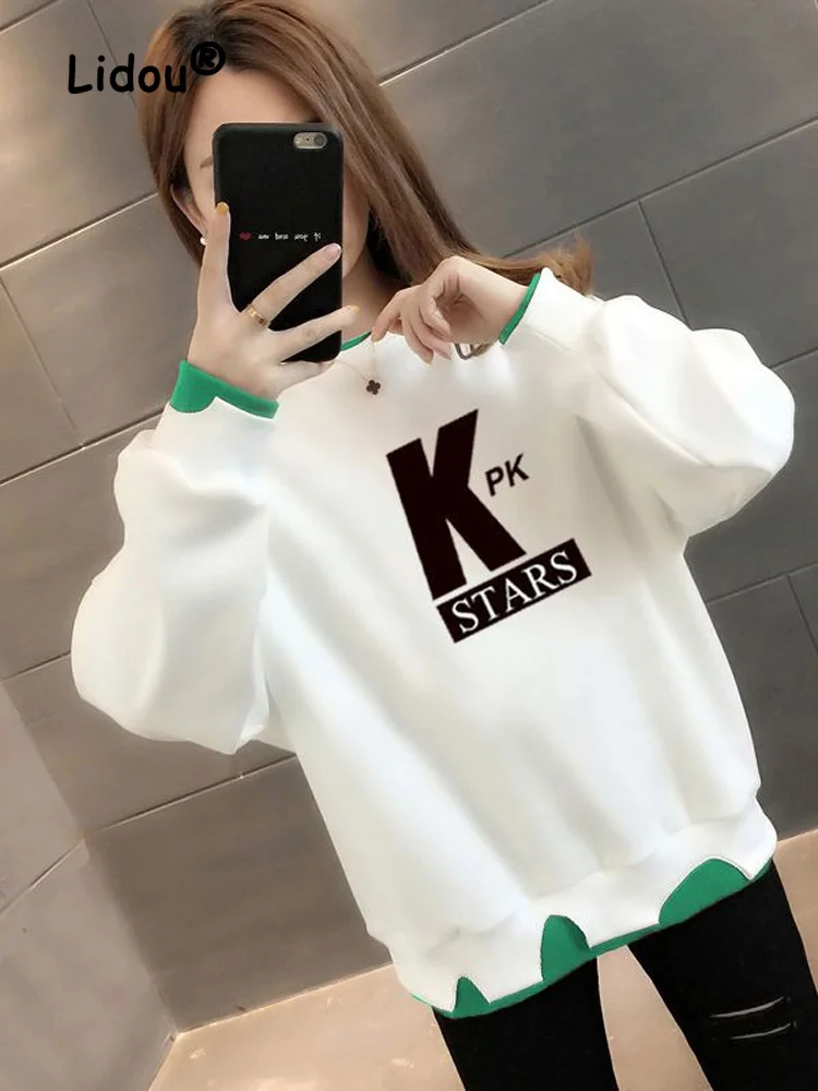 

Plush and Thicken Autumn Winter Printing Letter Sweatshirts Women New Classic Long Sleeve Korean Loose Casual Pullover Top 2022