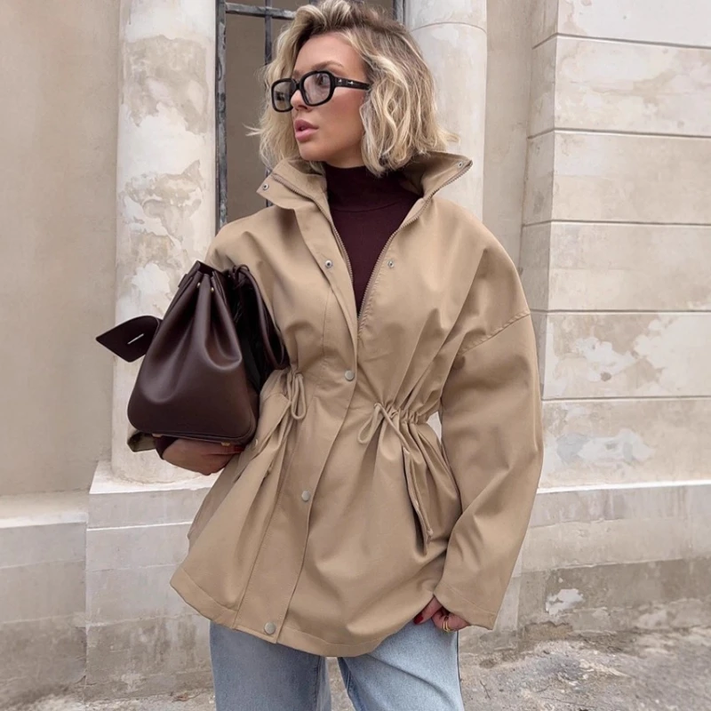 

TARUXY Fashion Waist-closing Mid-Length Coat Women's Loose Draw High Collar Zipper Solid Splicing Jacket Lady Autumn Casual Wear