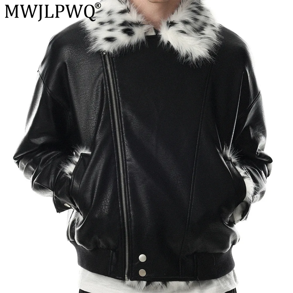 MWJLPWQ Men's Thickened PU Leather Jacket Zipper Fur Collar Trendy Punk-Style Motorcycle Coats 2026 Spring Autumn 21320