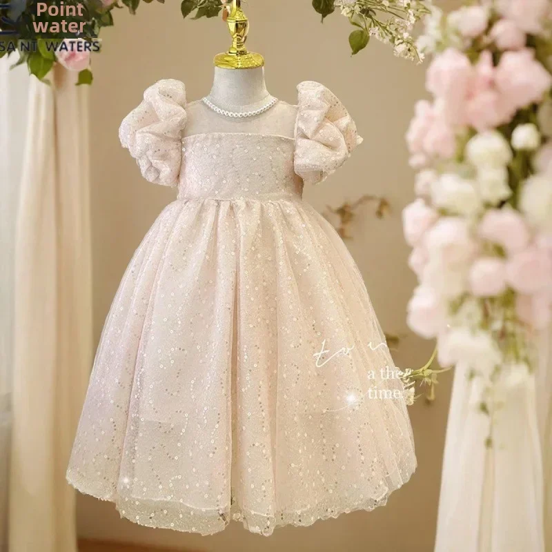 

Cute puff sleeve design flower girl dress A-line knee-length dress skirt tulle sparkling ball dress for wedding party