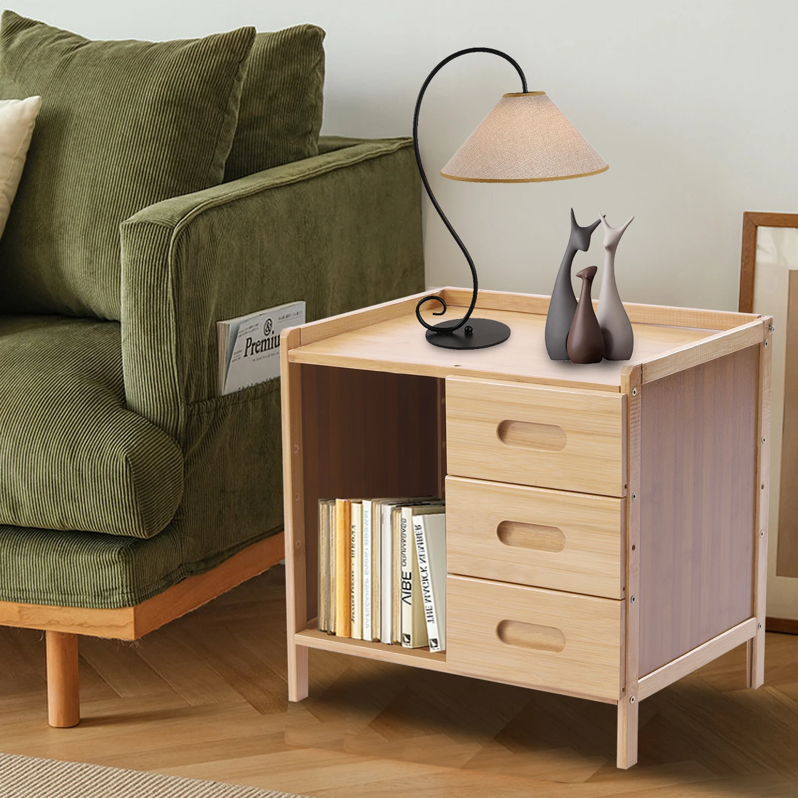 3-Tier Bamboo Nightstand Sofa Side Table Bedside Table Couch Table with 3 Drawers End Side Organizer Drawers Storage Box