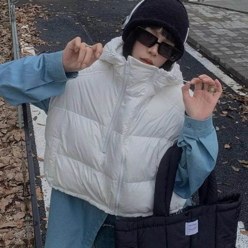 Autumn Winter Short Down Cotton Waistcoat Women 2025 New Fashion Loose Casual Hooded Cotton Vets Zipper Outerwear Female