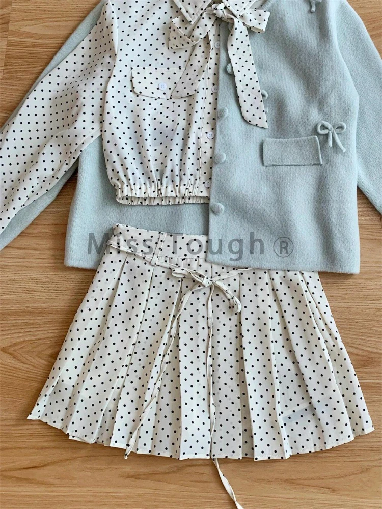 Autumn Winter Korean Fashion Loose 3-piece Set Women Sweet Chic Bow Long Sleeve Coat Polka Dot Shirt + Ruffle Lace Up Skirt Suit