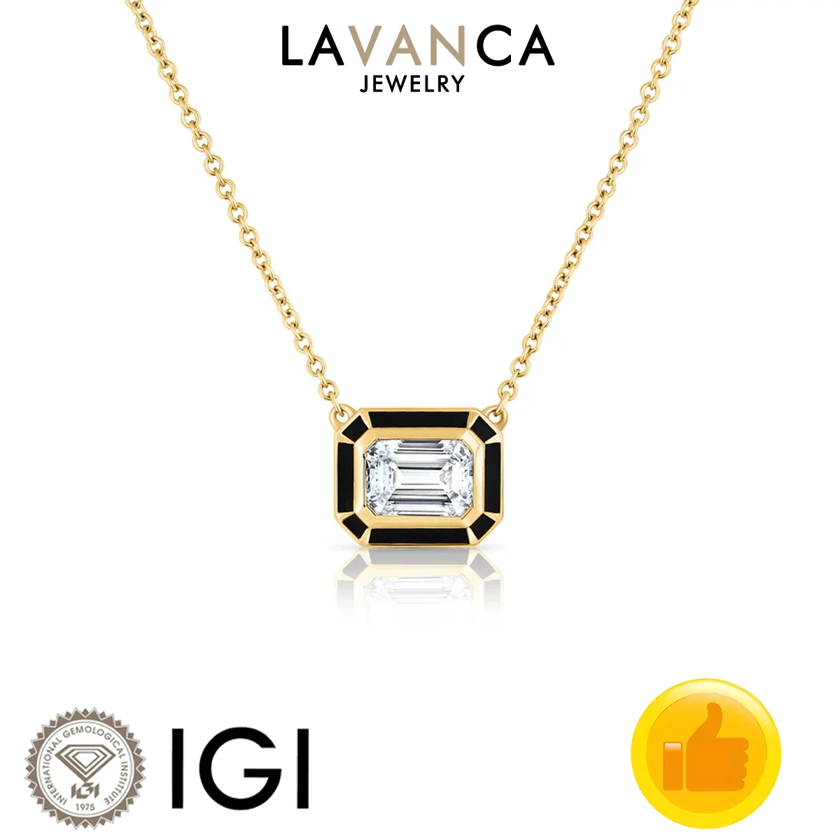 9K/14K/18K Yellow Gold Featuring Blue Enamel Work Lab Diamond Necklace IGI Certified Emerald Cut Solitaire Pendant Necklace