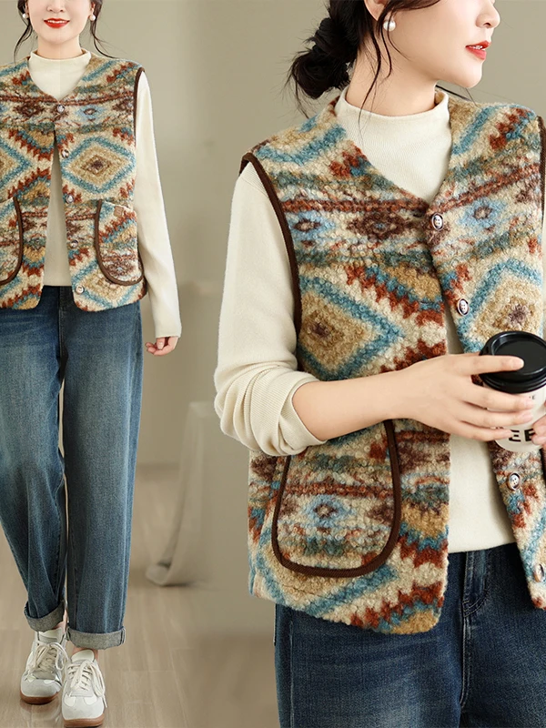 Retro Design Lamb Fur Vest Striped Color Block Warm Women's Jacket Commute Style Thickened Loose Fit Regular Length Single Bu...