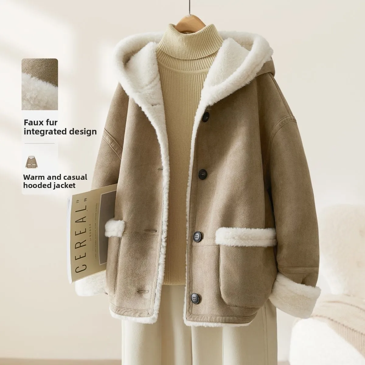 Casaco de pele de cordeiro elegante com capuz para mulheres inverno 2025 estilo coreano mini tamanho casaco sem couro confortável estilo casual