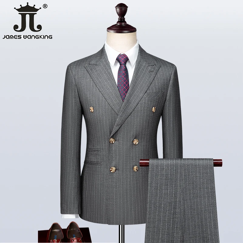 ( Jacket + Vest + Pants ) Luxury Striped Men\'s Formal Business Double Breasted Suit 3Piece Set Groom Wedding Dress Grey Suits