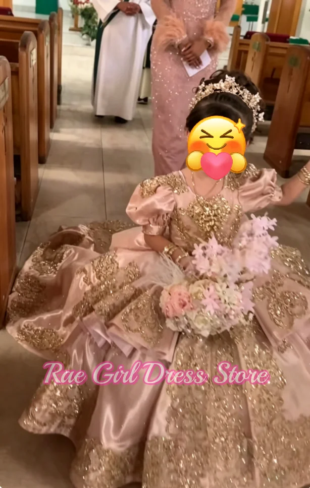 Puff Sleeve Gold Embroidery Satin Puffy Flower Girl Dress For Wedding Birthday Pageant Formal Gowns A-Line Floor Length