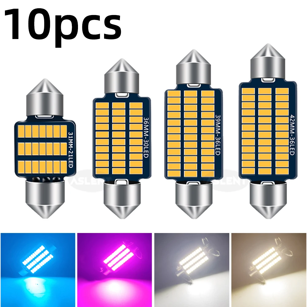 

10 PCS C10W C5W LED Bulbs CANBUS Festoon 31/36/39/41MM 12V 6500K White 400LM Car Interior Dome Trunk License Plate Lights