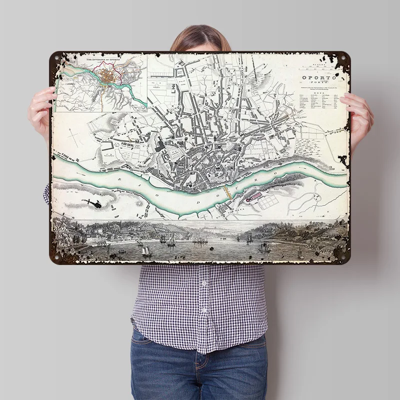 Mapa de Oporto, Póster Metálico, Arte de Pared Personalizado, Letreros Retro Vintage de Hojalata para Cuarto de Hombre, Decoración Moderna para el Hogar, Decoración de Lujo para Casa