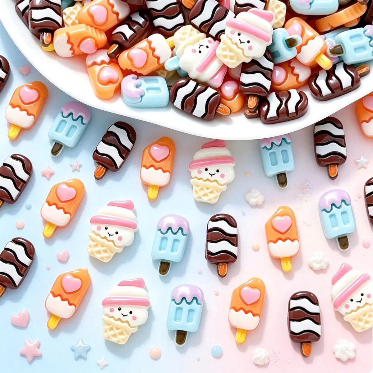 20PCS Colorful Simulated Popsicle Series Resin Nail Charms Cartoon Cute Smiling Face Ice-cream Nail Art Decoration DIY Clip Nail
