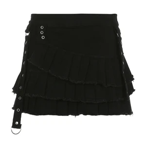 Schwarzer gotischer Jeansrock mit weiblicher Inselband, niedriger Taille, asymmetrisch, in Schichten, plissierten, kurzen Jeans, Punk, Y2K 9 Hauptverkaufsrock schwarzer Kurzfilm - №9