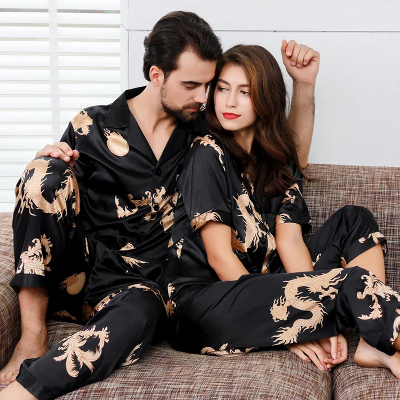 Pijama de 2 piezas con estampado de dragón para parejas, ropa de dormir de seda de hielo, informal, para primavera y verano, M-XXXL