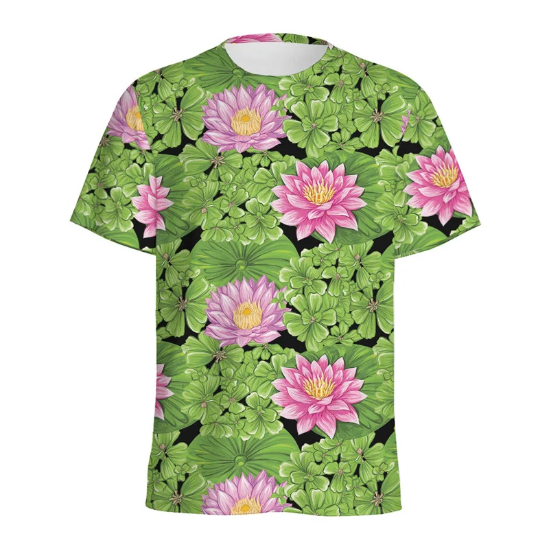 Water Lily Floral Pattern T Shirts 3D Printed Plants Flower T-shirt Men Summer Short Sleeve Tops Women Round Neck Tee Shirt