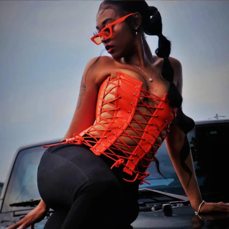 Hollow Out Lace-up Corset Sexy Gothic Women PU Leather Corsets Bustiers Slim Curve Shaper Crop Tops Sleeveless Corselet Tank Top