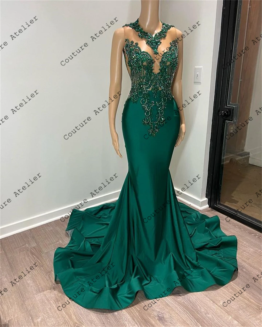 Vintage Green Satin Luxury Beaded Prom Dresses 2024 For Black Girls Mermaid Dress Party Evening Elegant Celebrity Sexy Formal