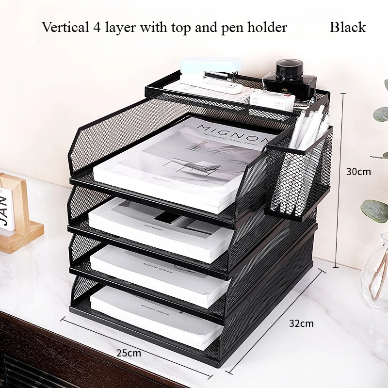 3 And 4 Tier Metal Stackable Letter Paper Tray with Pen Holder Office Storage Desk Magazine File Organizer Desktop File Holder