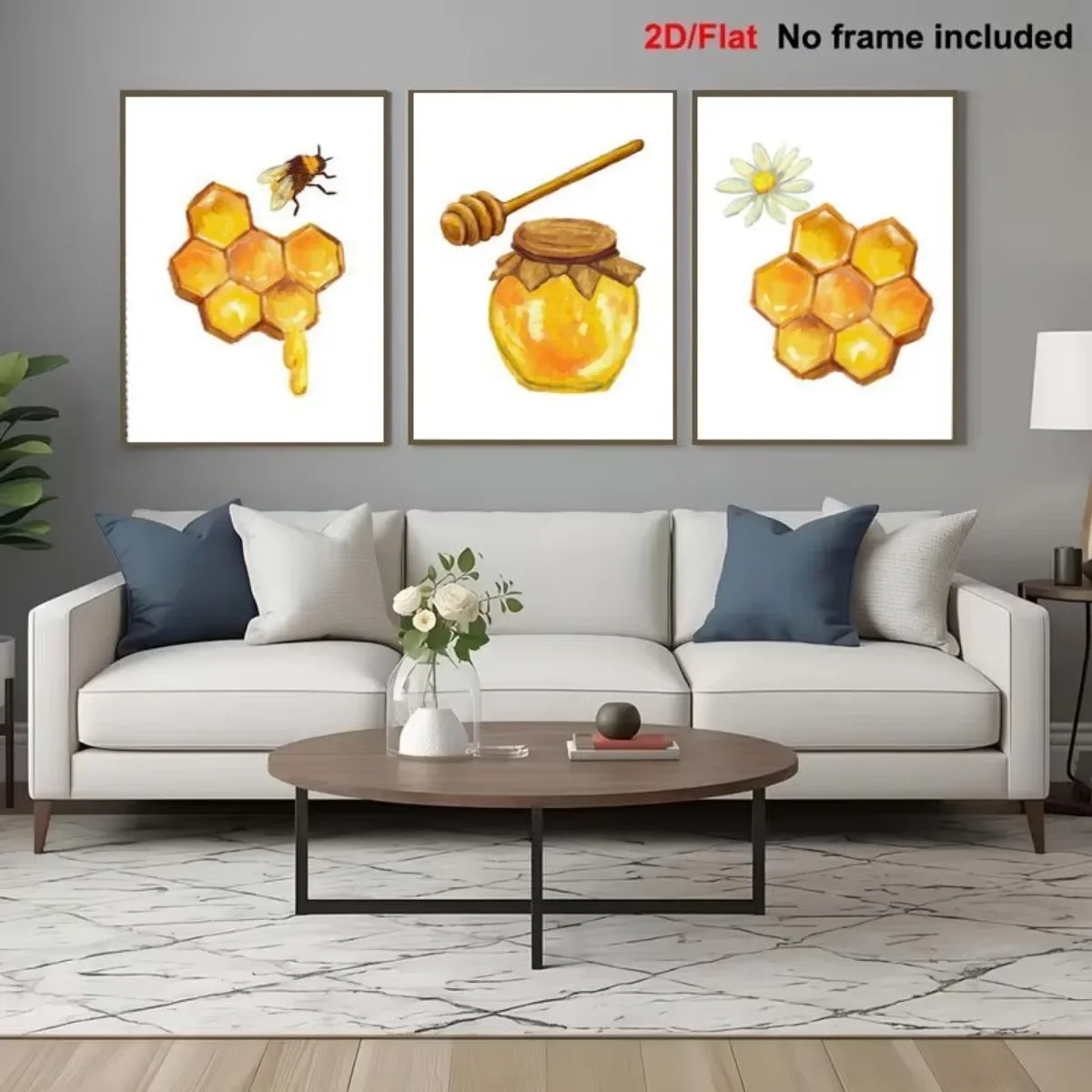 2D Flat 3pcs frameless , , ,  Canvas Painting, Utilizing  Design, Featuring Watercolor Style Bee And B