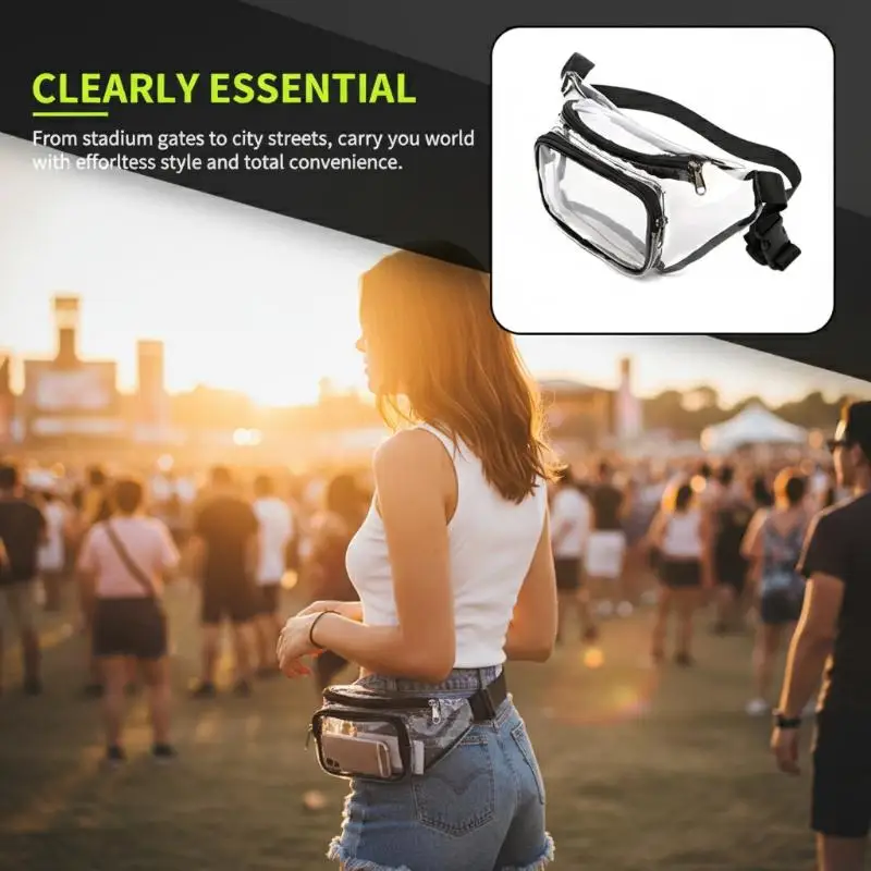 Sac bandoulière transparent en PVC tendance, approuvé pour les stades, sac banane pour femmes et hommes, style décontracté pour festivals et sports