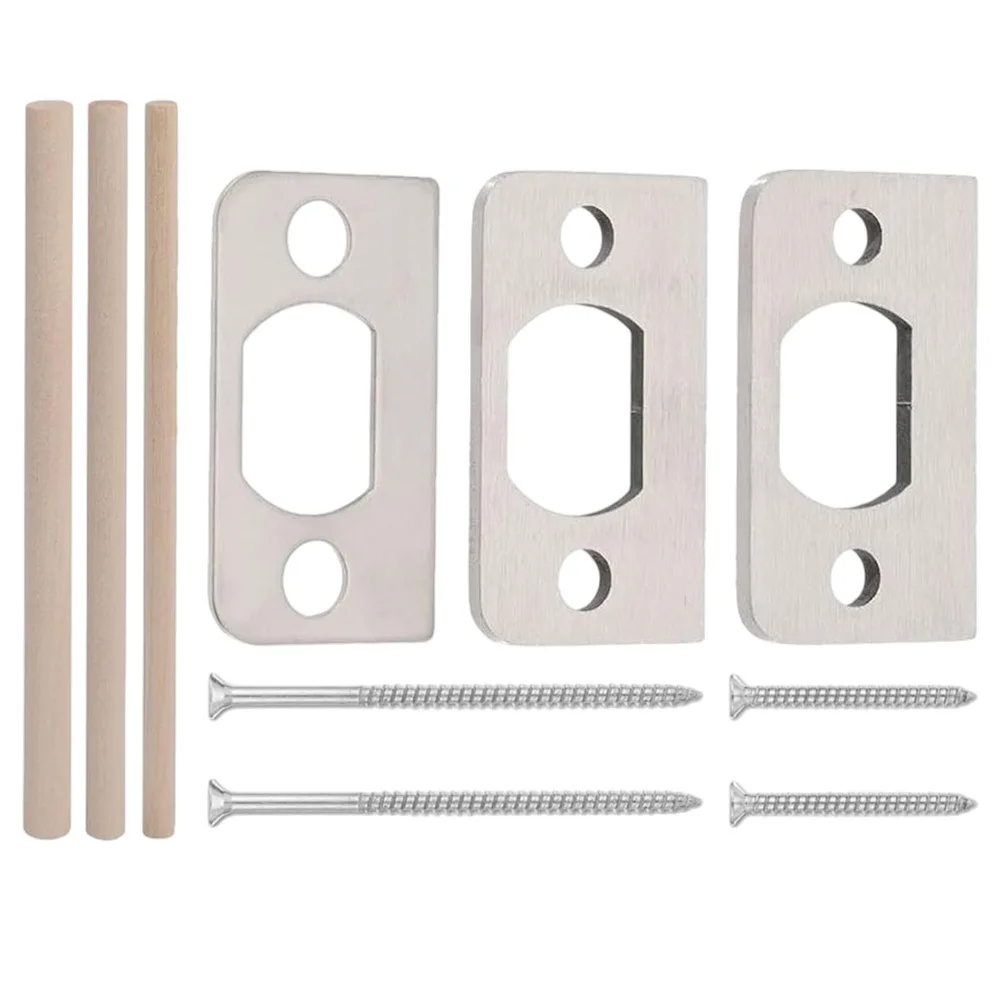 Door Strike Plate Kit 3pcs Stainless Steel Security Striker Plates with 4 Screws and 3 Wooden Dowels for Stability