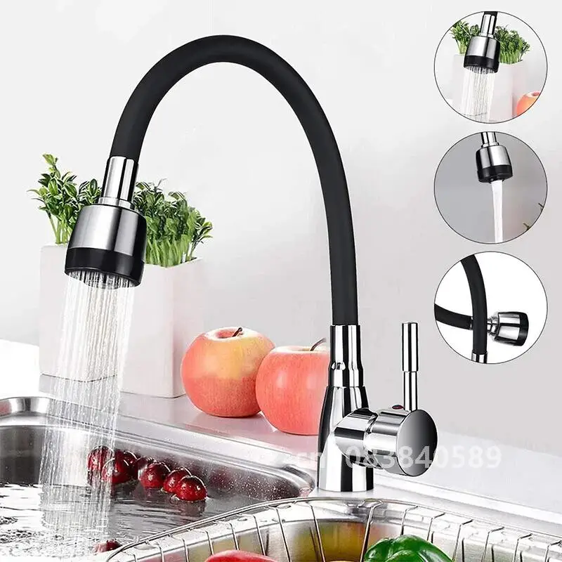 

360Rotating Flexible Kitchen Basin Faucet Single Handle Polished Chrome Black Cold and Hot Water Mixer Tap Torneira Deck Mounted