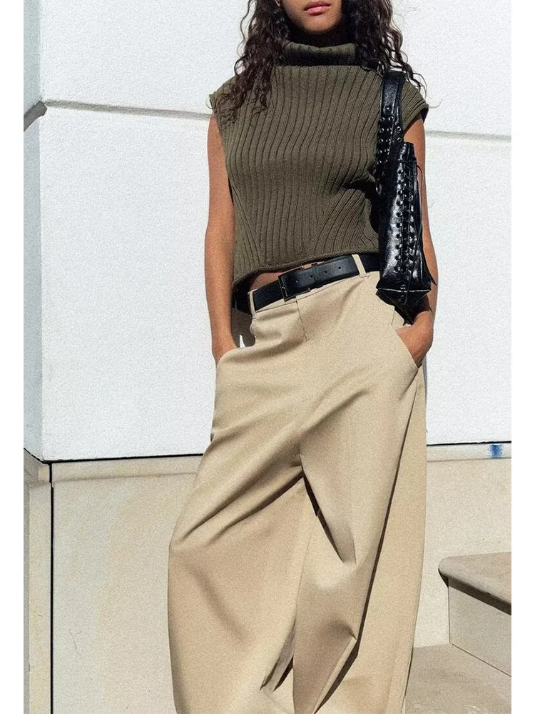 Новый женский модный универсальный темпераментный однотонный тонкий вязаный жилет без рукавов с высоким воротником в европейском стиле