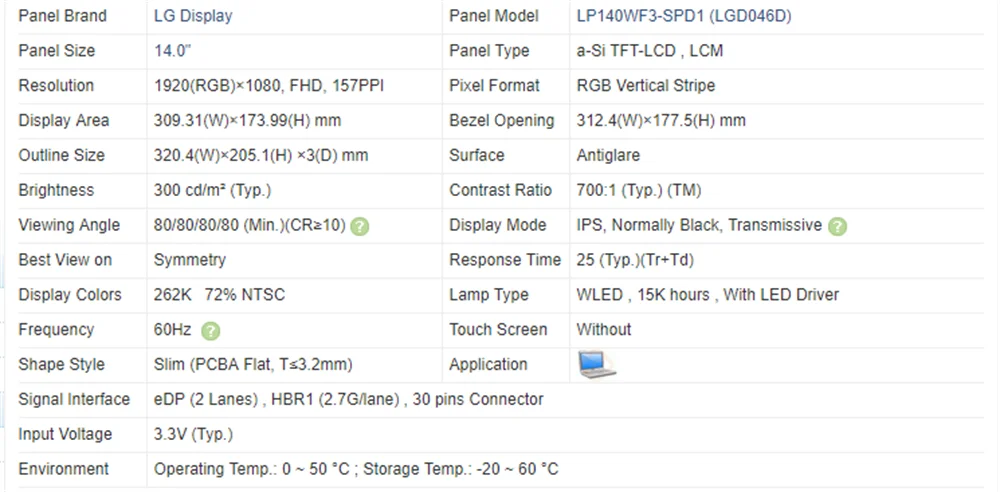 Imagem -02 - Polegada Painel de Exibição Fhd Tela Lcd 60hz 1920*1080 30 Pinos 262k 72 Ntsc Lp140wf3-spd1 Lp140wf3 sp d1 14